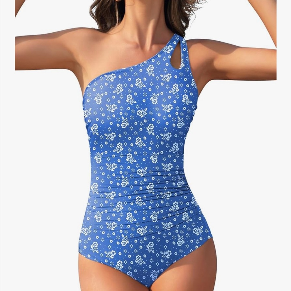 Blue Floral One-Shoulder Swimsuit